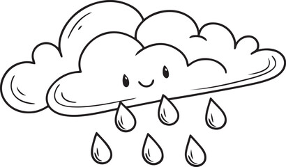  cute cloud with a smiling face and raindrops in a black and white line drawing style