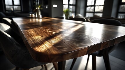 Sunlit Wooden Dining Table with Reflections in Modern Interior.
