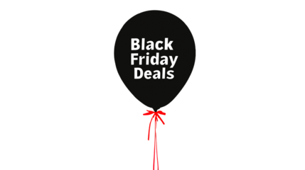 A black balloon floats mysteriously against a dark backdrop, advertising fantastic Black Friday deals with a vibrant red ribbon, transparent background