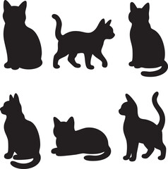 cats, black silhouettes, feline shapes, minimalist animal illustration, simple cat icons, graphic animal design, vector cat silhouettes
