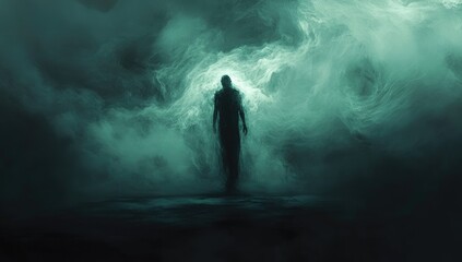 Obraz premium Silhouetted figure walks through ethereal teal mist