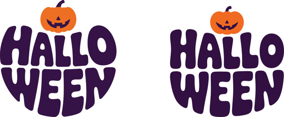 Two Halloween themed designs with the word Halloween in a stylized font and a small pumpkin on top perfect for stickers decorations and festive designs