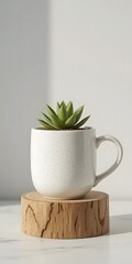 Fototapeta premium White Speckled Ceramic Mug with Small Succulent on Wooden Stand