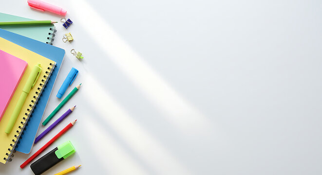 Vibrant stationery scattered artfully. A colorful array of school or office supplies. A creative workspace setup, evoking inspiration and organization.