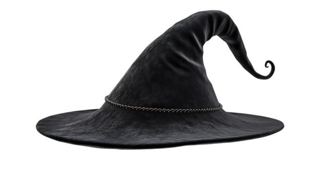 A dark, pointed witch hat casts a magical spell with its classic, sinister design against a transparent background.
