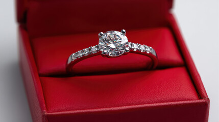 A sparkling diamond engagement with a brilliant cut rests elegantly inside a luxurious red velvet box, ready to symbolize a lifelong commitment of love.