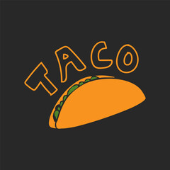 Hand drawn taco illustration created in Adobe Illustrator. Detailed vector design featuring a traditional Mexican taco with lettuce, cheese, meat, and tortilla shell. Perfect for restaurant branding, 