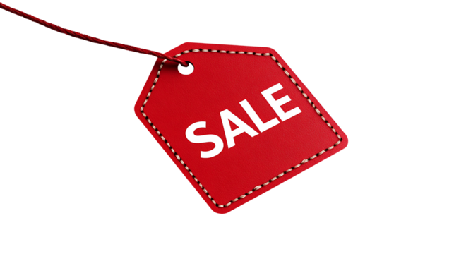 Bright red sale tag with white text on a transparent background, symbolizing shopping discounts and promotional offers.