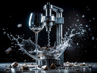 A vintage machine pours water into a wine glass, creating a dynamic splash with scattered chocolate pieces against a dark background