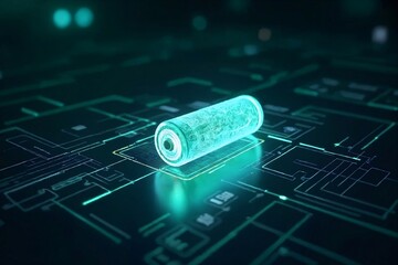 Futuristic Digital Battery Cell on Circuit Blueprint
