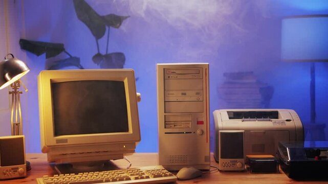 Retro pc computer gaming, Desktop vintage with loading code console, programmer making scripts, green basic screen, Old computer studio close-up, retro wave display, late 90s PC.