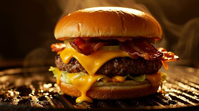 A large hamburger with bacon and cheese on a grill