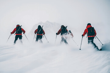 Skiers braving a blizzard, with heavy snow falling, reduced visibility, and challenging conditions on the slopes
