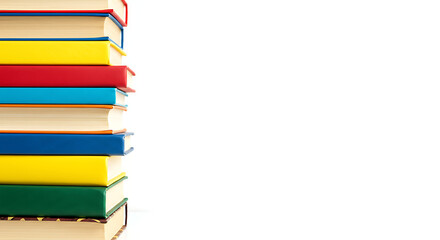 Stack of colorful books against white background.