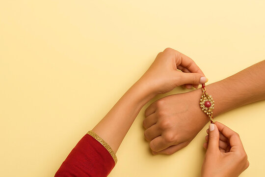 Close-up of Sister Tying Rakhi to Brother's Hand on Pastel Yellow Background
