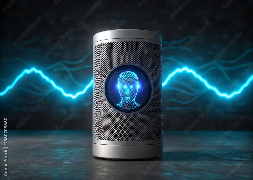 Poster a smart speaker with a digital face represents artificial intelligence and voice recognition technol