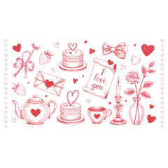 Valentine’s Day Romantic Illustrations Love Cakes Hearts and Gifts