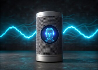 A smart speaker with a digital face represents artificial intelligence and voice recognition technology in a modern, futuristic setting