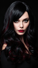 Fototapeta premium A beautiful woman with dark hair and red highlights poses seductively in front of a dark background showcasing her makeup and stylish hairstyle perfectly.