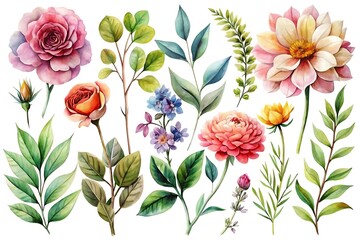 Set of watercolor flowers and leaves