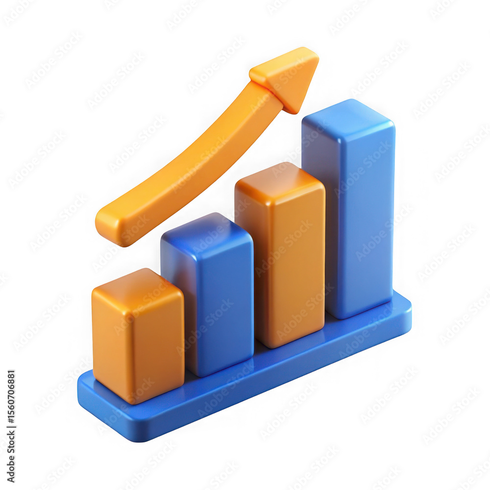 Poster 3d bar chart with upward arrow isolated on transparent background