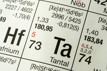 Tantal German periodic table of elements macro close-up chemical physical description