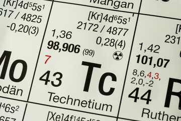 Technetium German periodic table of elements macro close-up chemical physical description