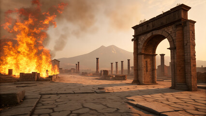 Obraz premium Hyperrealistic Digital Painting of Burning Ancient Roman Ruins