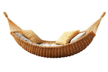 Embrace relaxation in a woven hammock a cozy retreat with pillows inviting you to peaceful on transparent background