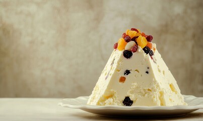 Traditional easter paskha dessert pyramid served on a white plate