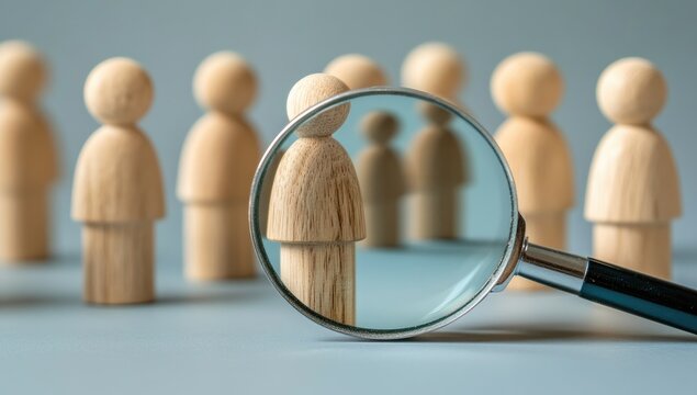A magnifying glass focuses on a wooden figurine, highlighting it from a group of similar figures