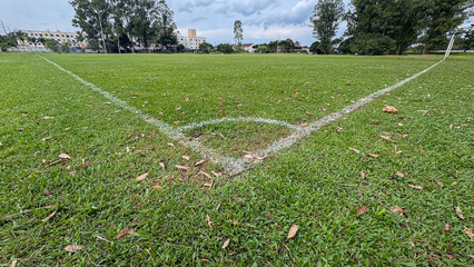 Image of a soccer field in a public park from the corner line, centered in the lower third. Around...
