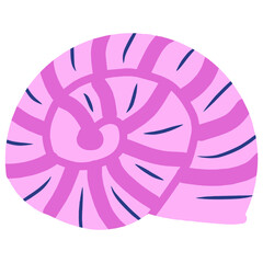 Cute hand-drawn pink spiral seashell clipart with simple flat style. Perfect for summer, beach, ocean-themed designs, educational materials, and kids projects.