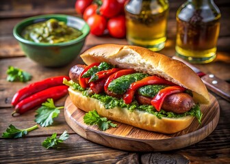 A delicious hotdog with pesto, red peppers, and sausage rests on a wooden board with tomatoes and olive oil bottles in the background