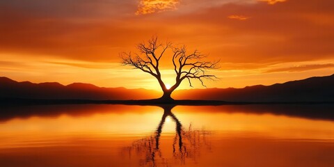 Fototapeta premium Silhouette of a desolate tree reflected on still water at sunset