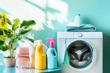 Laundry detergents, fabric softeners, and washing machine cleaners arranged neatly next to a modern washing machine