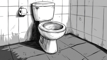 A grayscale drawing of a toilet in a tiled room