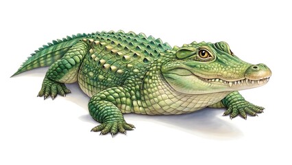 Naklejka premium Watercolor illustration of a green crocodile isolated on white background