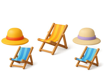 Colorful miniature lounge chairs and straw hats