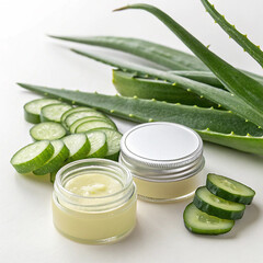 Soothing Aloe Vera and Cucumber Cream Jars: Natural Skincare Product Photography