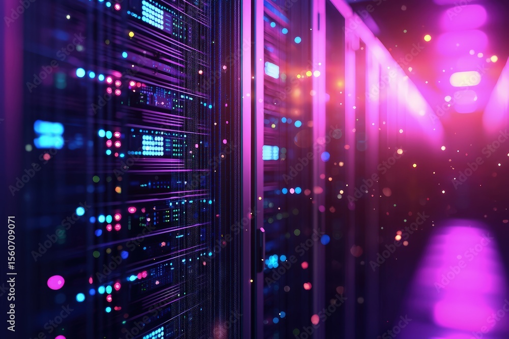 Poster Futuristic server racks in glowing pink and blue hallway filled with floating particles, ideal for cloud technology, AI infrastructure, cybersecurity, and advanced digital networking visuals