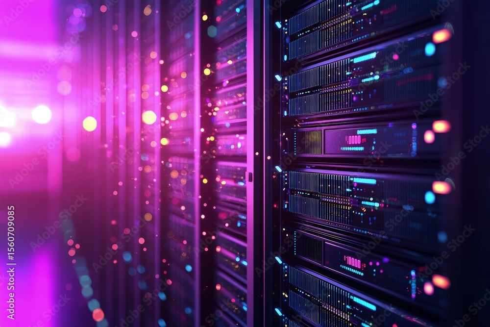 Poster Futuristic server rack glowing in vibrant lights inside a modern data center with colorful particles, ideal for tech, cloud, AI, big data, and IT infrastructure visuals