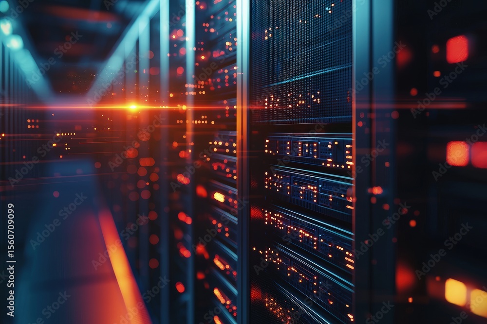 Poster high tech server rack in glowing data center hallway with orange and blue lighting effects, perfect 