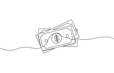 Continuous line, one banknote with dollar symbol in the center, money, financial business illustration, Minimal hand drawn line vector white background editable stroke.