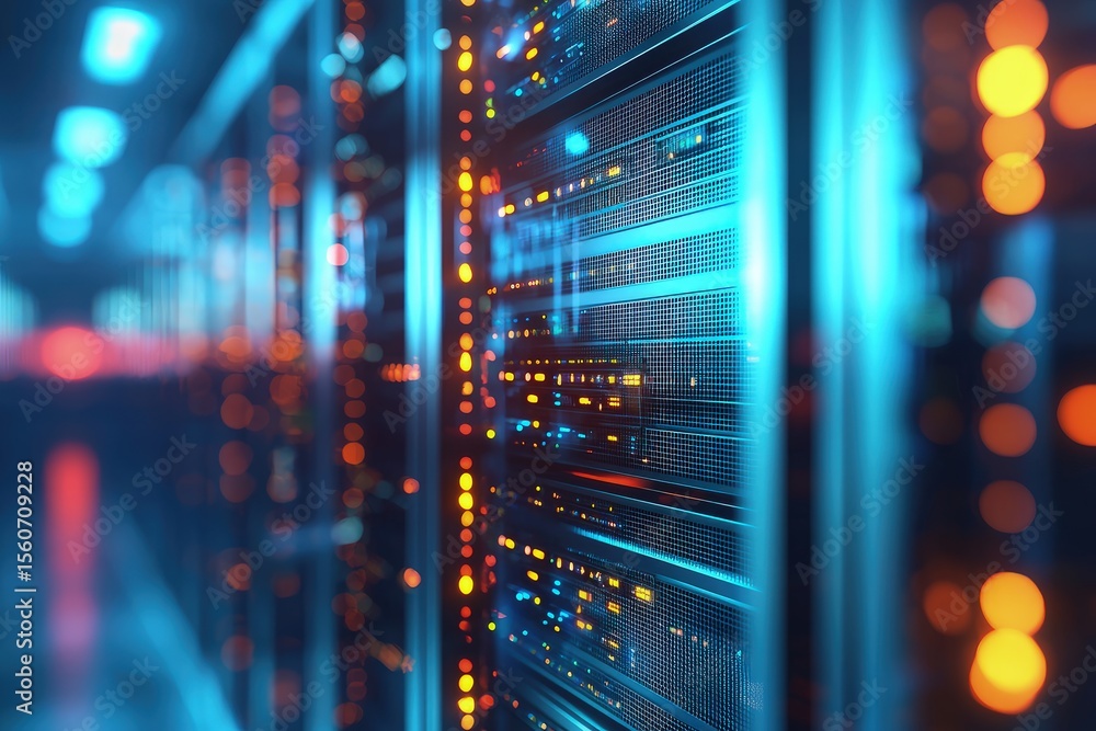 Poster modern server racks illuminated with vivid orange and blue lights in a futuristic data center, ideal