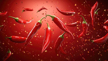 Red chili peppers in mid-air, scattered with spice