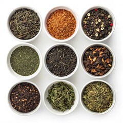 Assortment of Dried Herbal Teas and Spices in White Bowls: Top View