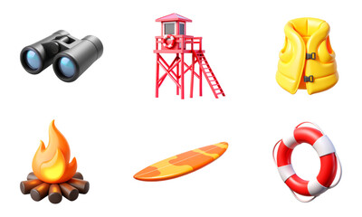 Binoculars, Lifeguard Tower, Life Jacket, Campfire, Surf Board, Lifebuoy Ring, Set of 3D Icons &ndash; Glossy Minimal Emoji Style, Isolated PNG objects