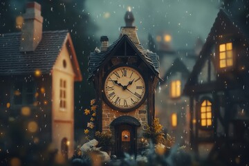 A miniature village clock tower on a rainy night.