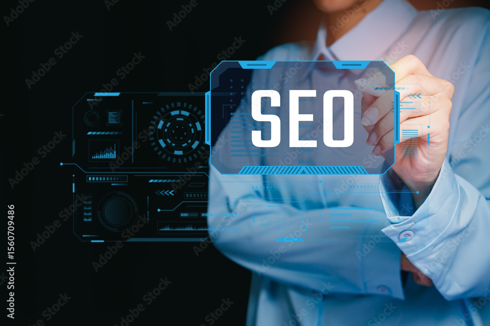 Poster seo concept. professional looking person writing seo strategy with digital interface and data visual